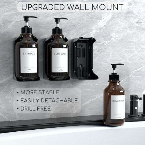 Modern Shampoo and Conditioner Dispenser Wall Mount Set of 3 - No Drill 16oz Bathroom Shower Soap Dispenser Wall Mounted with 6 Labels, Easy to Refill Shower Shampoo Dispenser 3 Chamber - Amber - color: Amber