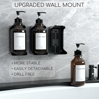 Modern Shampoo and Conditioner Dispenser Wall Mount Set of 3 - No Drill 16oz Bathroom Shower Soap Dispenser Wall Mounted with 6 Labels, Easy to Refill Shower Shampoo Dispenser 3 Chamber - Amber - color: Amber
