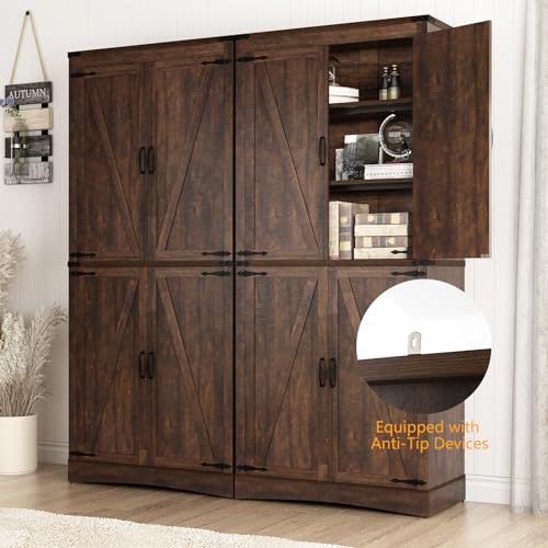 Hlivelood 71" Tall Kitchen Pantry,Farmhouse Storage Cabinet with Adjustable Shelves,Load-Bearing Steel Pipe,Farmhouse Pantry Cabinet with 4 Barn Doors, for Kitchen,Dining Room,Living Room(Brown) - color: Brown