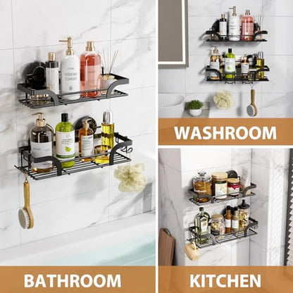 Shower Caddy Suction Cup, 2 Pack Shower Shelves for Inside, Black | Metal Bathroom Storage, NO-Drilling Bathroom Organizer, Heavy Duty Shower Basket - color: 2 X Black Basket
