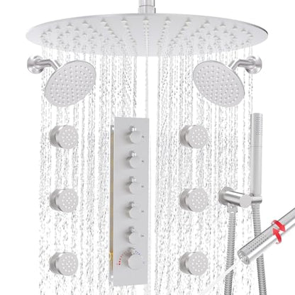 HOMEDEC 16" Round Rain Shower Faucet Set with Dual 6" Wall Shower Head, 5 Way Valve with 2-Function Handheld Shower and Body Jets, Brushed Nickel - color: Brushed Nickel, style: 5-Way + 2x 6" Top