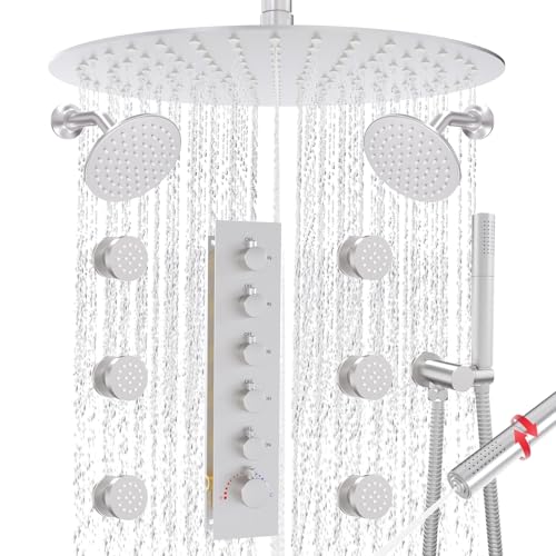 HOMEDEC 16" Round Rain Shower Faucet Set with Dual 6" Wall Shower Head, 5 Way Valve with 2-Function Handheld Shower and Body Jets, Brushed Nickel - color: Brushed Nickel, style: 5-Way + 2x 6" Top