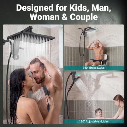 12" XXL Rainfall Shower Head with Handheld Combo Set, Matte Black | High Pressure, Magnetic Docking, Air-Infusion Tech, Anti-Leak One-Piece Design, Dual Square Showerhead - color: Matte Black