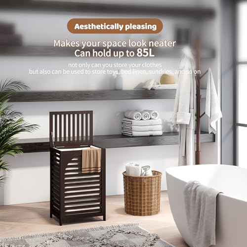 Laundry Hamper with Lid (16.9 * 13 * 26.5inches) Large Bamboo Laundry Bin Basket 85L Clothes Hamper with 1 Removable Bag Storage baskets for Bathroom(Brown) - color: Brown