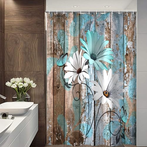 JAWO Farmhouse Flower Floral Shower Curtain, Rustic Teal Turquoise Daisy Shower Curtain Set, Country Blue Wild Garden Plant Fabric Shower Curtain with Hooks, Surreal Bathroom Curtain, 47x64inch - color: Daisy-teal, size: 47"W x 64"L (Pack of 1)