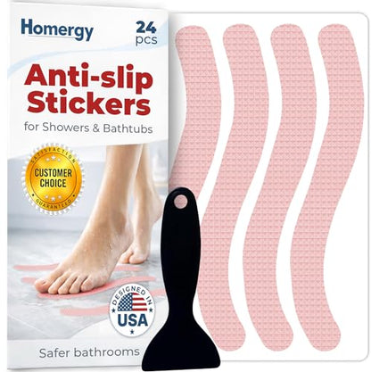 Anti-Slip Shower Stickers - Help Reduce Slipping in Bathtub & Shower, Pink Non-Slip Bath Strips, Strong Adhesive Bathtub Appliques Suitable for Homes with Kids, Adults & Seniors - 24 Pcs - Homergy - color: Rose Pink