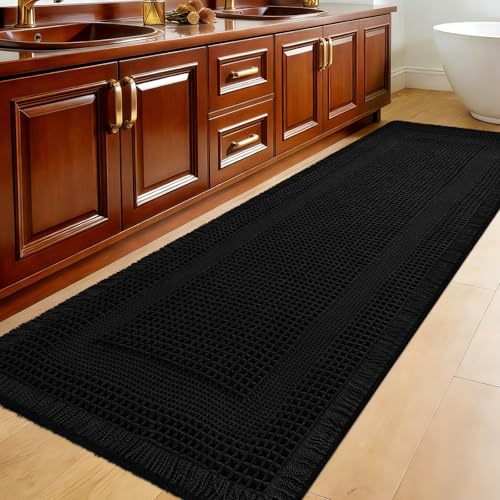 Extra Large Waffle Bath Mat, 5'x2' Black-Looped, Super Absorbent Non-Slip Quick Dry Bathroom Rugs with Tassels, Machine Washable Ultra Soft Boho Bath Rugs for Floor, Toilet Mats Boho Farmhouse Decor - color: Black, size: 2' x 5' (Runner)