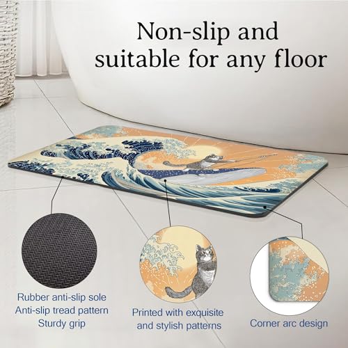 Funny Cat Riding Shark Bath Mat, Japanese Ocean Waves Bathroom Rugs, Absorbent Bath Rug Floor Rug Carpet for Bathroom Bathtub Bedroom Living Room, 17 x 29.5 Inches - color: Funny Cat Riding Shark