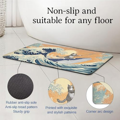 Funny Cat Riding Shark Bath Mat, Japanese Ocean Waves Bathroom Rugs, Absorbent Bath Rug Floor Rug Carpet for Bathroom Bathtub Bedroom Living Room, 17 x 29.5 Inches - color: Funny Cat Riding Shark