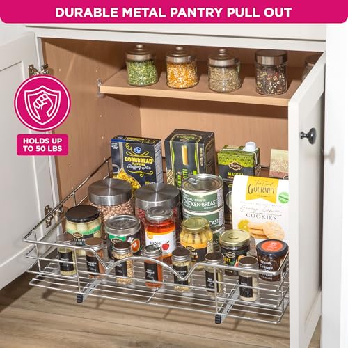 HOLDN’ STORAGE Pull Out Cabinet Organizer, Pantry Drawer, 28"W x 21"D x 5"H | Heavy-Duty Full-Extension, Roll Out Shelf for Pots, Pans & Under Sink Storage, Chrome, Require a 29.25"W Cabinet Opening - size: 28 Inch