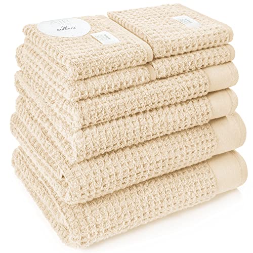 Softerry Waffle Bath Towel Set - 100% Soft Cotton - Plush and Extra Absorbent - Luxury Hotel & Spa Quality - Fade Resistant - Eco-Friendly (Natural, Set of 8 Towels) - color: Natural, size: Set of 8 Towels