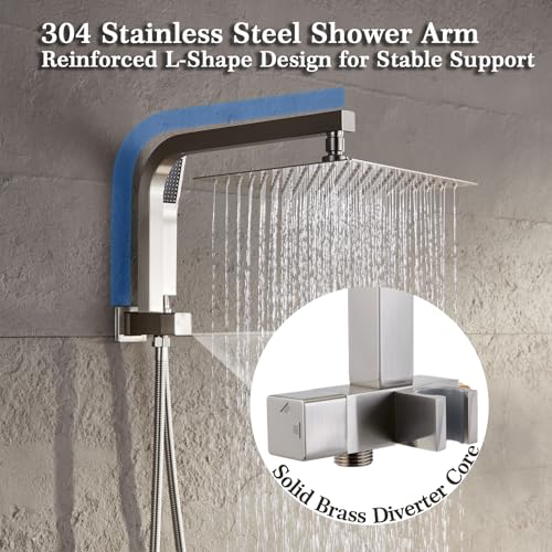 Shower Faucet Set with Rain Shower Heads with Handheld Spray,Brushed Nickel | 10-inch rainhead, 3-way diverter, all matal handshower with hose, brass pressure balancing shower valve, wall-mount - color: Brushed Nickel