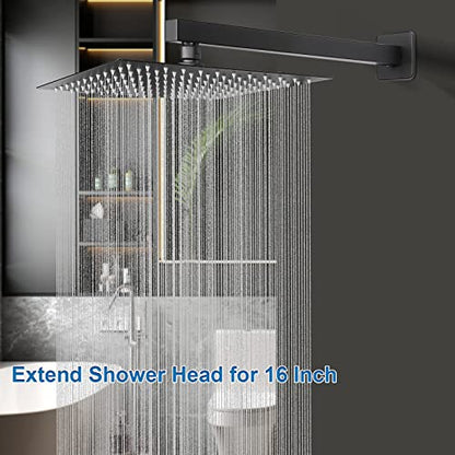 Shower Head with Extension Arm, High Pressure Square with ShowerArm, Stainless Steel Rainfall-Waterfall Full Body Coverage (10'' Shower with 16'' Arm, Matte Black) - color: Matte Black, size: 10'' Shower with 16'' Arm