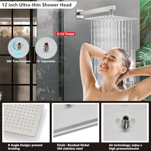 Midanya Shower Faucet Set with Handheld Sprayer,12 Inch,Brushed Nickel | Rough-in Shower Valve and Trim Kit Included,Square Rain Head,Wall Mount Shower System,All Metal,Bathroom - color: Nickel, size: 12 Inch