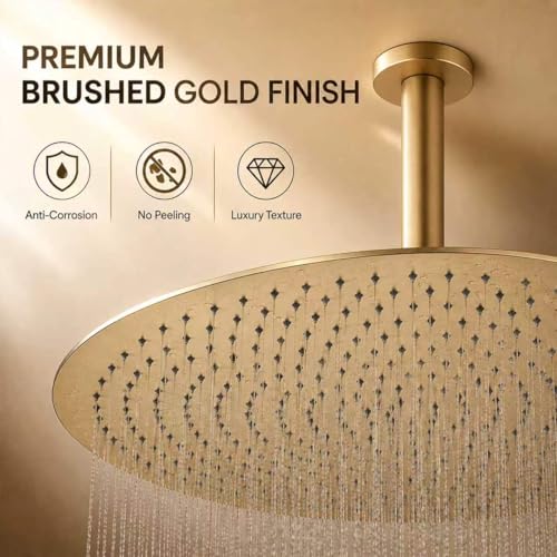 16 Inch Rainfall Shower Head, BSTIIU Stainless Steel Round Shower Head, Extra Large Ceiling Mount Shower Heads, Brushed Gold - color: Brushed Gold, size: 16-Inches, style: Round