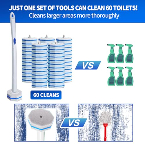 Disposable Toilet Brush Set with 60 Replacement Heads, Toilet Cleaning Replacement Pads, Starter Kit with Storage Case for Deep Cleaning and Hygienic Bathroom Maintenance