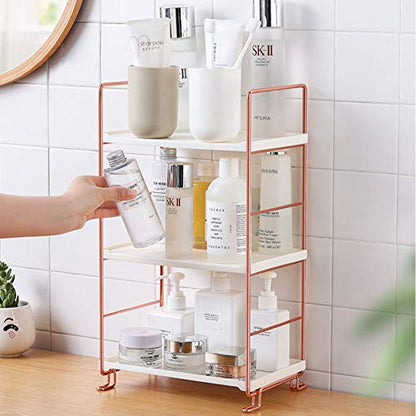 Plastic/Metal Freestanding Stackable Organizer Shelf,Bathroom Countertop Storage Shelf Cosmetic Organizer Holder Kitchen Spice Rack,3-Tier Standing Rack (Rose Gold) - color: Rose Gold