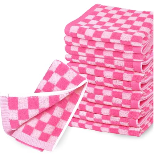 Pink Checkered Washcloths 12 Pack, Cotton Face Cloths for Bathroom | 13" x 13" Aesthetice Wash Cloths - color: Pink
