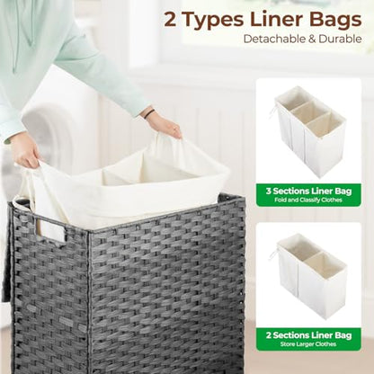 Greenstell Laundry Hamper with Lid, 125L Wicker Laundry Baskets with 2 Removable Liner Bags & 5 Mesh Laundry Bags, Handwoven Rattan Clothes Hamper with Handles for Clothes in Bathroom, Bedroom - color: Light Gray
