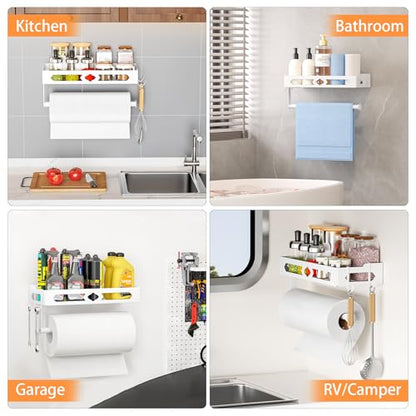 Wall Mount Paper Towel Holder with Shelf for Bathroom, Kitchen,White 2Hooks | Metal Spice Rack, Easy One-Hand Tear Design Mounted Hanging Hand Paper Towel Roll Holder for RV, Home(Self Adhesive or Drill) - color: White