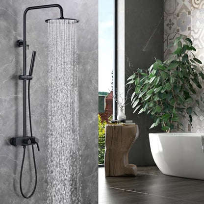 Matte Black Exposed Shower System with 2 Modes HandHeld,3 Functions Tub Shower Faucet Sets with Brass Valve, Shower Fixture with 10 Inches Rainfull Shower Head,Shower Height Adjustable - color: B- Matte Black with Round Shower Head