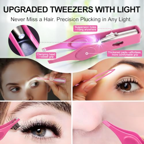 LED Lighted Tweezers & 40X Magnifying Mirror with Suction Cup Set, 2 in 1 No-Hands Makeup Mirror with Light and Precision Light Up Tweezers(Pink) - color: Pink