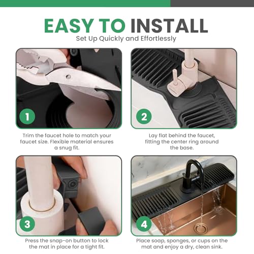 No More Wet Counters - Kitchen Sink Faucet Mat, 24” Silicone, Black