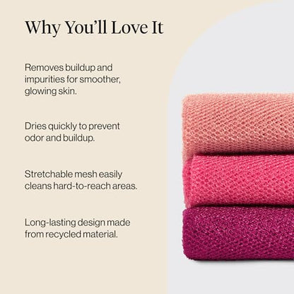 Kitsch African Net Sponge – Exfoliating Body Scrubber – Berry Pink, 3 Pcs | for Cleansing & Gentle Daily Exfoliation – Stretchable Bath Sponge for Hard-to-Reach Areas – Long-Lasting Shower Essential - color: Berry Pink