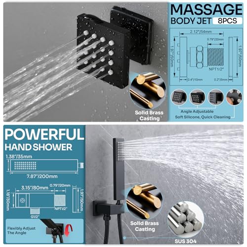 HOMEDEC Luxury Dual Shower System for Couples, LED 14x20" 2-Function and Dual 6" Side Wall Mounted Shower Heads, with 4-Way Diverter Valves, Black - color: Black