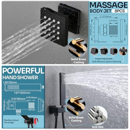 HOMEDEC Luxury Dual Shower System for Couples, LED 14x20" 2-Function and Dual 6" Side Wall Mounted Shower Heads, with 4-Way Diverter Valves, Black - color: Black
