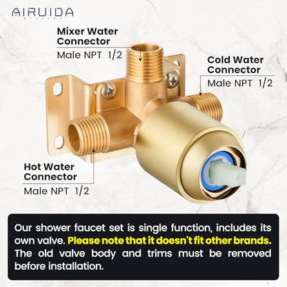 Airuida Shower Faucet Set,8 Inch Shower Valve Kit,Brushed Gold | Male Threads,Rough-in Valve Shower Trim Kit,Single Handle Control Shower Set - color: Brushed Gold, size: 8 Inch