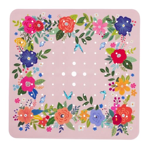Square Shower Mat Non Slip 21x21 Inch, Plant Anti Slip Shower Mat for Inside Shower Bathtub Mat Non Slip Funny Floral Bath Tub Mat Shower Floor Mat Bathroom Mat with Large Drain Holes Machine Washable - color: Pink Floral, size: 21" x 21" (Square)