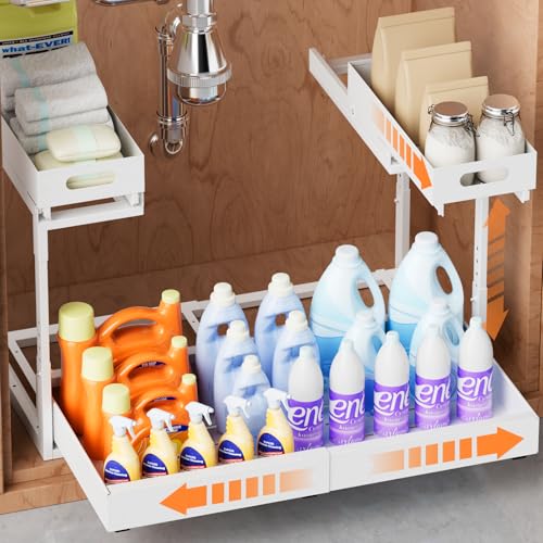 Upgrade 1 Pack Expandable Under Sink Organizer: 2-Tier Pull Out Cabinet with 3 Heavy-Duty Ball-Bearing Slide Rails, Tool-Free Height Adjustable, Slide-Out Drawers for Kitchen, Bathroom, Laundry - size: 1 Pack 15”-25”