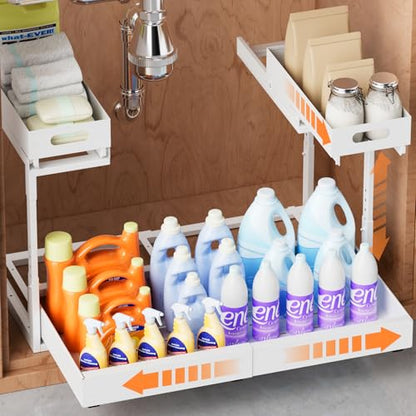 Upgrade 1 Pack Expandable Under Sink Organizer: 2-Tier Pull Out Cabinet with 3 Heavy-Duty Ball-Bearing Slide Rails, Tool-Free Height Adjustable, Slide-Out Drawers for Kitchen, Bathroom, Laundry - size: 1 Pack 15”-25”