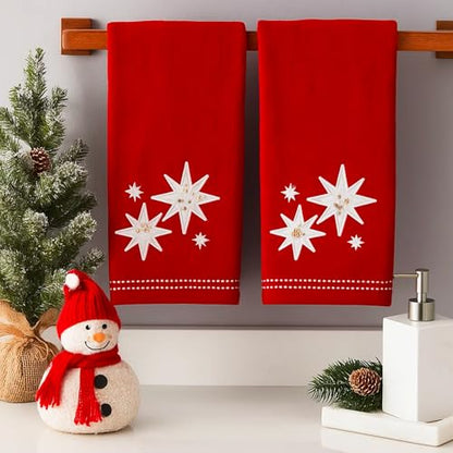 Christmas Bath Hand Towels, Stars with Sequins, Cotton, Red, 16" x 25", Set of 2 - color: Organza Stars