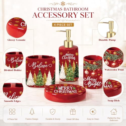 4 Pcs Christmas Ceramic Bathroom Accessories Gifts Xmas Tree Bath Tumbler Soap Dispenser Toothbrush Holder Soap Tray Merry Xmas Bathroom Decorations(Red Merry Christmas) - style: Red Merry Christmas