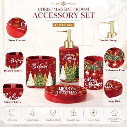 4 Pcs Christmas Ceramic Bathroom Accessories Gifts Xmas Tree Bath Tumbler Soap Dispenser Toothbrush Holder Soap Tray Merry Xmas Bathroom Decorations(Red Merry Christmas) - style: Red Merry Christmas