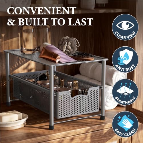 Simple Houseware Stackable Under Sink Sliding Basket Drawer, Silver | Perforated Free Standing Organizer, Kitchen/Pantry/Cabinet/Counter - color: Silver