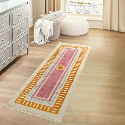 Lukinbox Boho Bathroom Runner Rugs with Fringes, 2x6 Sun Washable Hallway Runner Rug, Extra Long Soft Non-Slip Orange Rainbow Area Rug for Kitchen Laundry Room Entryway - size: 2' x 5'11" (Rectangular)