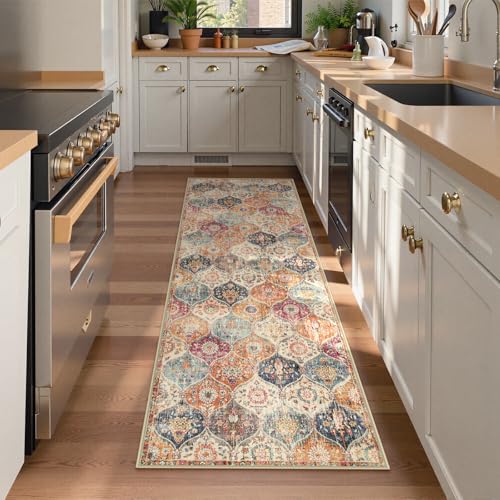 Lahome Moroccan Washable Kitchen Runner, 2x7 Runner Rug with Rubber Backing Non Slip, Vintage Hallway Rug Throw Carpet for Hallways Bedroom Laundry Room Entryway Elise, Cream/Multi - color: Burnt Orange/Teal Multi, size: 2' x 7' (Runner)