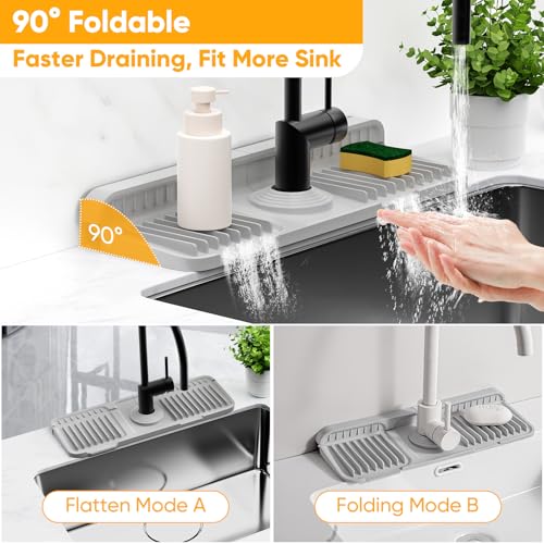 14.6 inch Faucet Mat for Kitchen Sink Splash Guard[7° Slope Fast Self-draining][Snap Lock Fit]Kitchen Sink Faucet Mat Splash Guard Kitchen Sink Area Water Splash Guard Behind Faucet Draining Mat - color: Light Gray, size: 14.6" x 5.5"