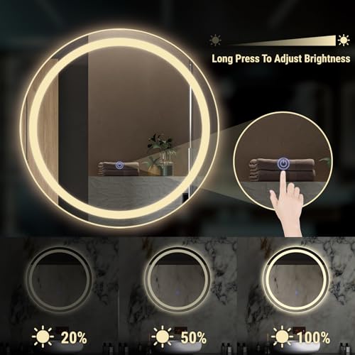 KOSTA 20 Inch Round LED Bathroom Vanity Mirror with Lights Dimmable Memory Function Touch Button Shatter-Proof Wall Mount Lighted Mirror - size: 20"L x 20"W