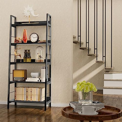 BATHWA 5 Tier Book Shelf, Black Industrial Open Wood and Metal Ladder Bookshelf, 59''H 24''W Wooden Ladder Shelf for Small Places, Living Room, Bedroom - color: Black, size: 1pack-59"H x 23.6"L x 13.8"D