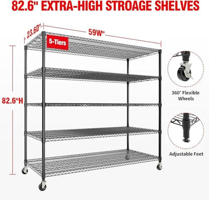 Garvee 3300LBS 5 Tier Metal Shelving with Wheels,82"H Storage Shelves,Black | 59"Wx23.6"D, Heavy-Duty 660 lbs Per Shelf, Adjustable Wire Shelving Units, Leveling Feet,for Garage Kitchen Warehouse - size: 23.6"D x 59"W x 82.6"H(5-Tier)