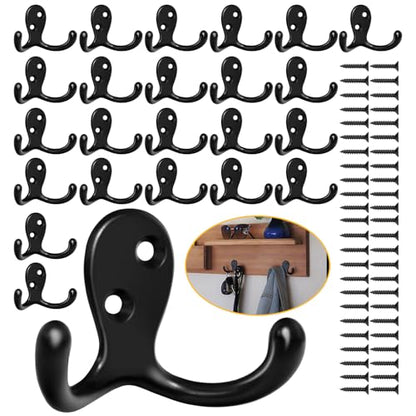 Homanu 24 Pack Coat Hooks, Heavy Duty Double Prong Coat Hooks Wall Mounted with 48 Screws, No Rust Black Metal Wall Hooks for Hanging Towel, Coat, Bag, Hat, Cup, Key - color: 24 Pcs Black