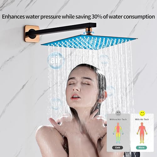 Black Gold Shower Tub Faucet Set, Wall Mounted 10 Inch Shower Heads with Handheld Spray Combo and Tub Shower Faucet, Luxury Bathroom Square Rain Shower System - 4 Hooks - color: Black Gold, style: 10 Inch with Tub Spout