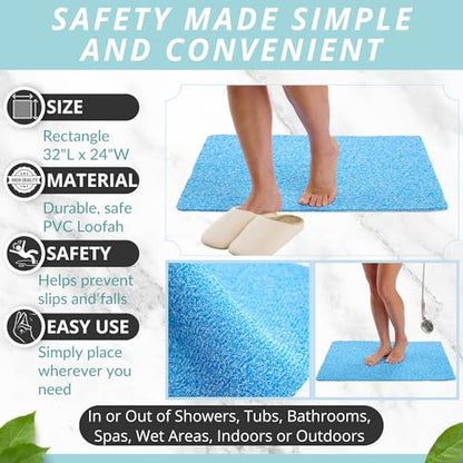 Enkosi Loofah Non-Slip Shower Mat - Shower Floors, Bathtub, Bathrooms, Wet Areas - Cushioned Bath Mat with Drain Holes - Quick Dry PVC, Secure Safety Pad Without Suction Cups (32x24 Aqua Blue) - color: Aqua Blue, size: 32" x 24" (Rectangular)