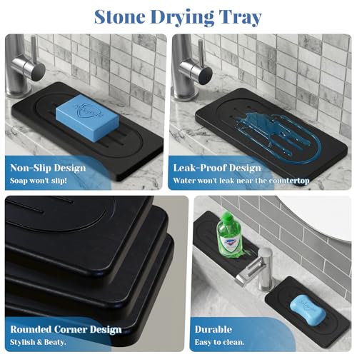 Water Absorbing Stone Trays for Bathroom Sink Kitchen Counter, Quick Dry Dish Soap Dispenser Sponge Holder for Hand Soaps Plants Toiletries, Stain Resistance Countertop Fast Drying Counter Trays - color: Dark Gray