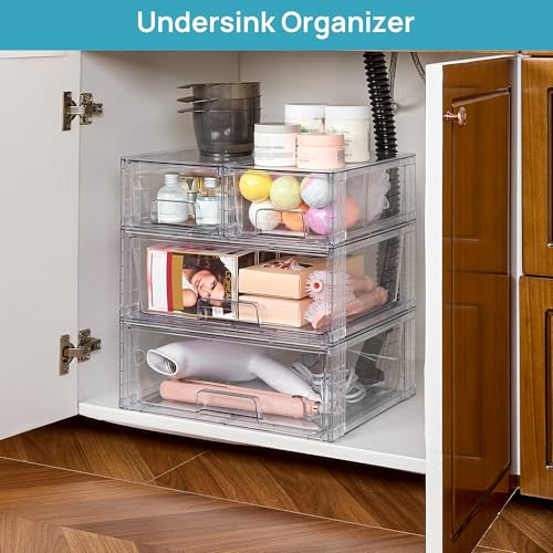 Vtopmart Clear Stackable Storage Drawers, 6 Pack Wide Organizer Set | Wide and Small Pull-Out PET Drawers for Flexible Sorting, Stackable Storage Solution for Cabinets, Closets, Pantry - style: 4 Small+2 Wide
