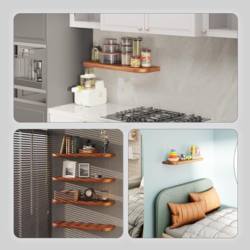 BATODA 24" Acacia Wood Floating Shelves Wall Mounted (Round Edge) – Rustic Farmhouse Wooden Wall Storage Shelf for Bedroom, Kitchen - Brackets and Shelving Hardware Included (Acacia,24 Inch Length) | 100 LBS Capacity, Hidden Brackets, Thick Shelf Design,